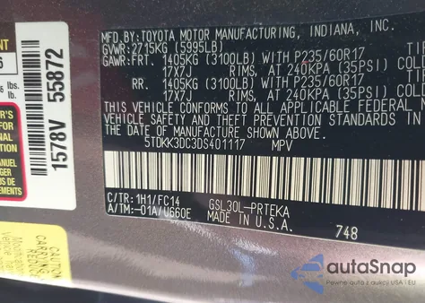 2013 Toyota Sienna Le V6 8 Passenger z USA, uszkodzony, nr VIN 5TDKK3DC3DS401117